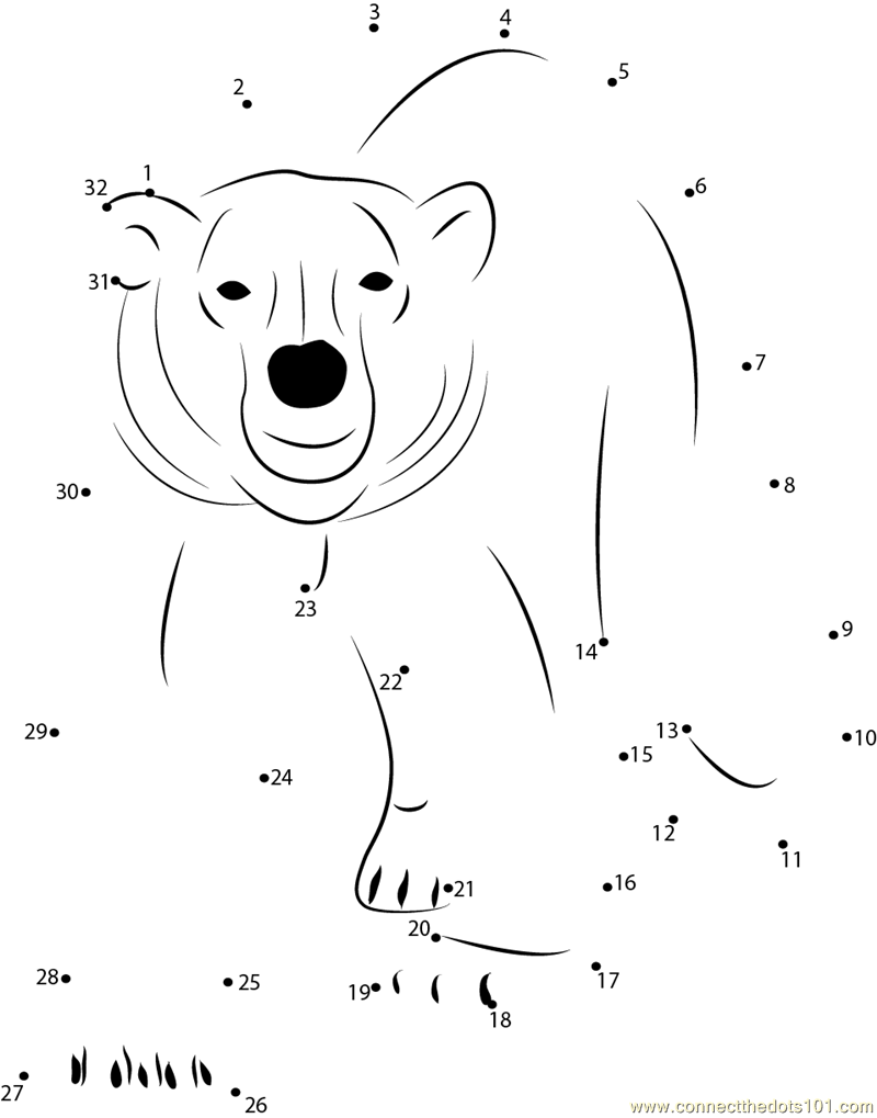 Polar Bear dot to dot printable worksheet - Connect The Dots