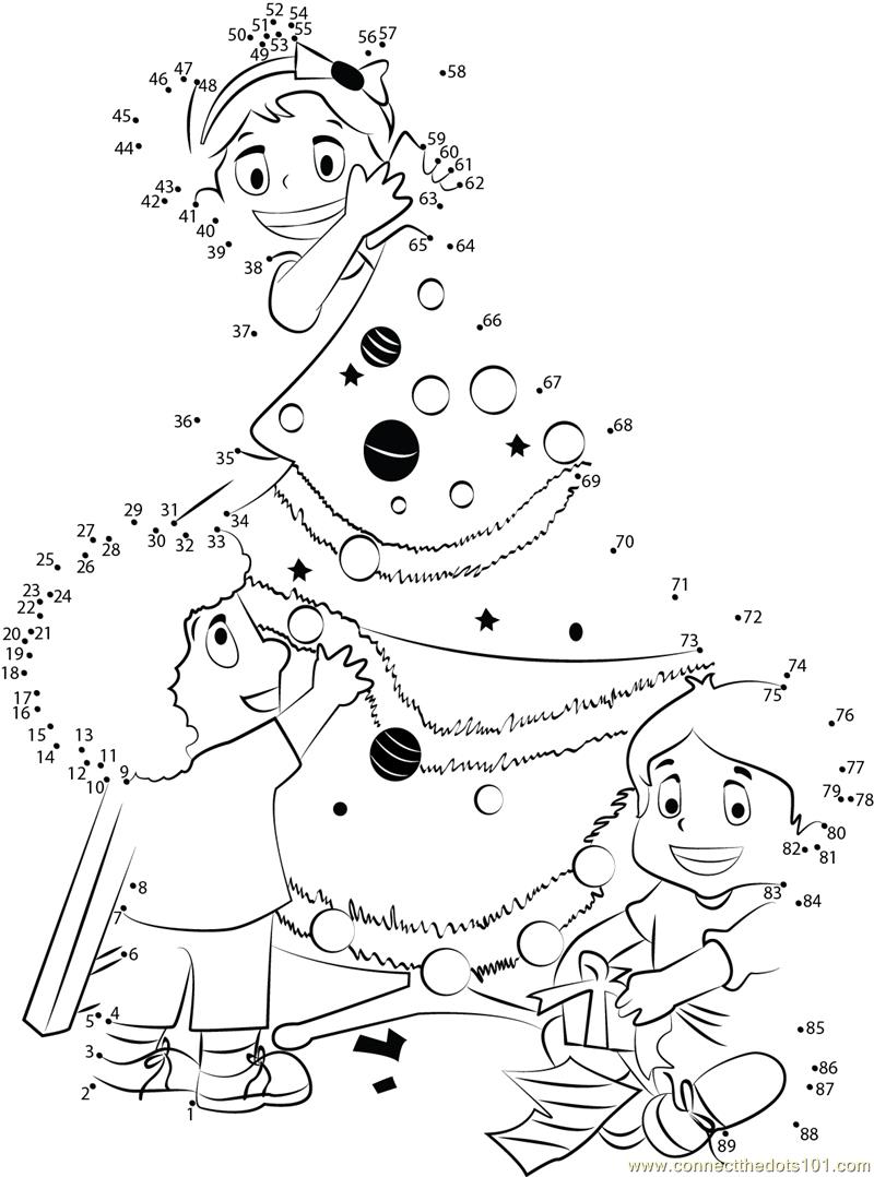 Kids decorating christmas tree dot to dot printable worksheet Connect