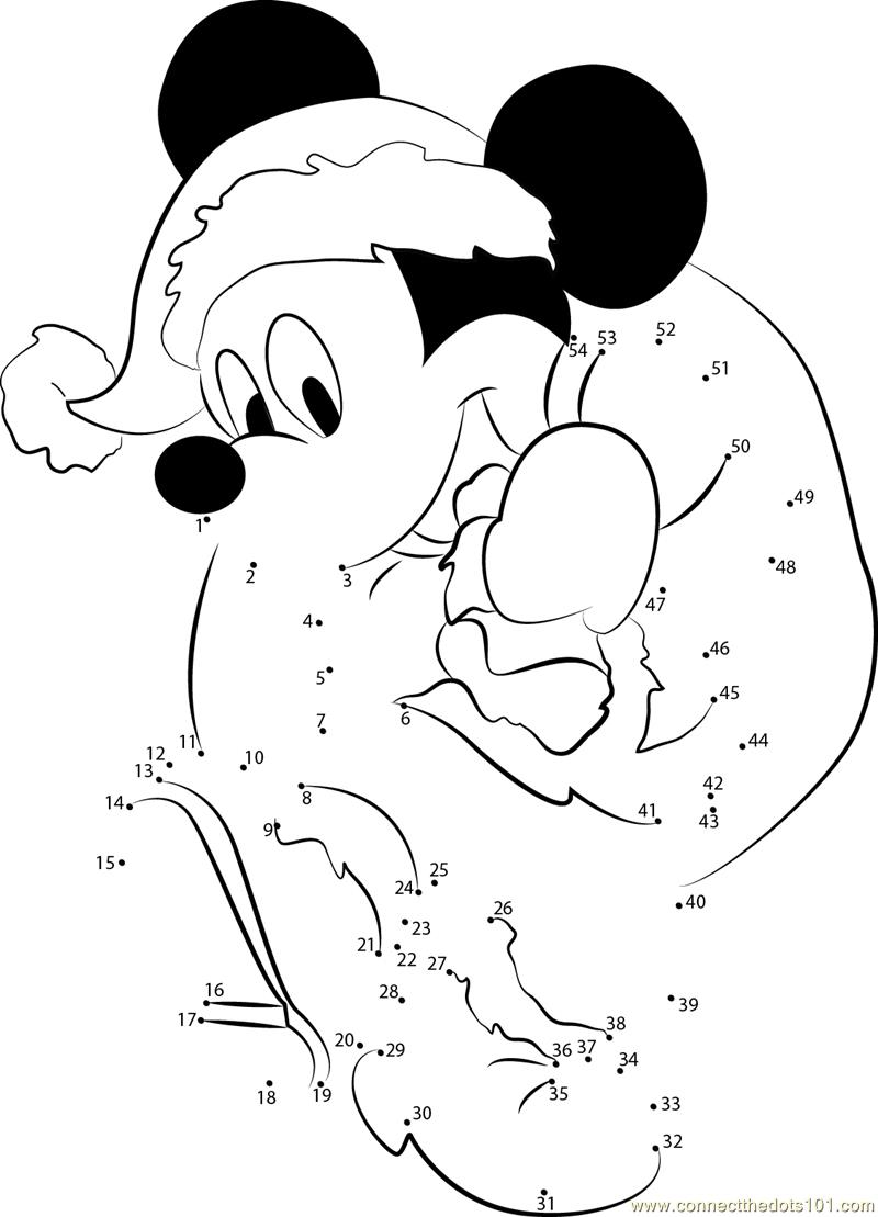Mickey Mouse at Christmas dot to dot printable worksheet Connect The Dots