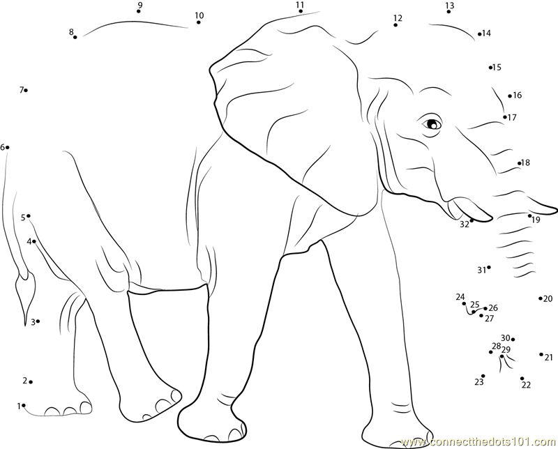 Big Elephant dot to dot printable worksheet Connect The Dots