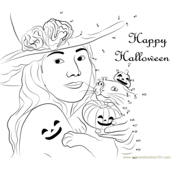 Girl with Cat on Halloween Day Dot to Dot Worksheet
