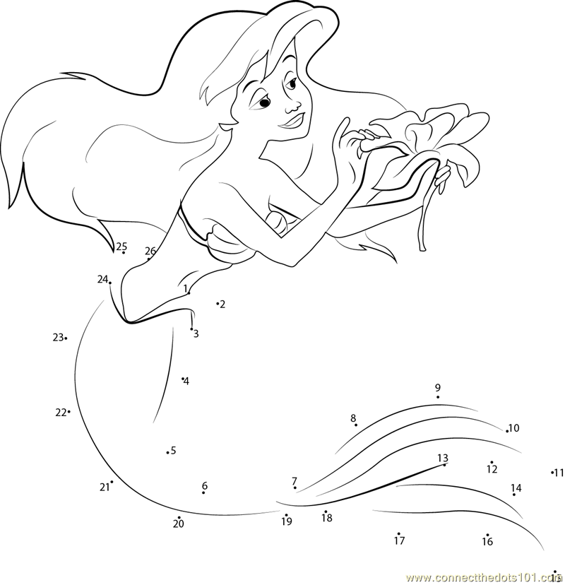 Little Mermaid dot to dot Printable Worksheet ConnectTheDots101.com