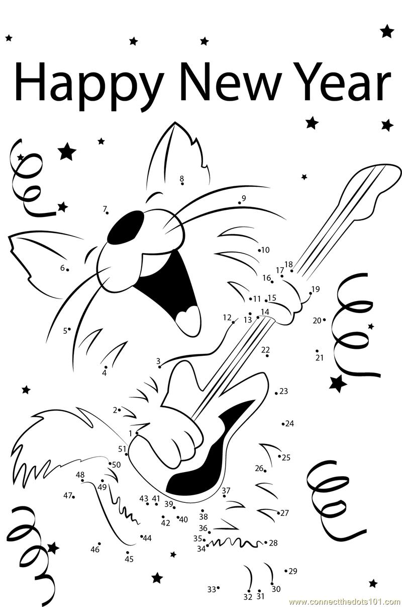 Cat Playing Guitar on New Year dot to dot printable worksheet - Connect