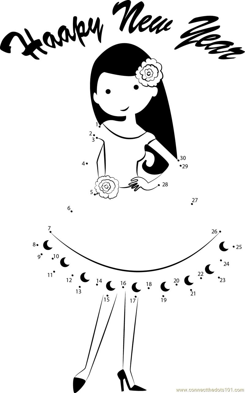 Girl wishing Happy New Year dot to dot printable worksheet Connect