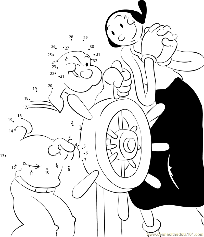 Olive Oyl and Popeye Sailor dot to dot printable worksheet - Connect