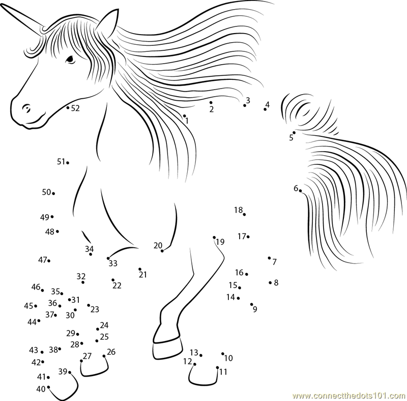 Unicorn Running dot to dot printable worksheet Connect The Dots