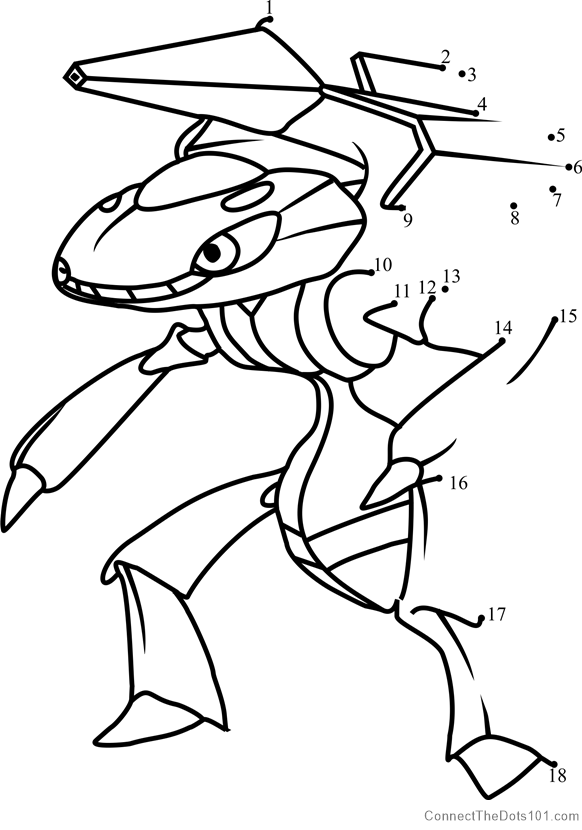 Pokemon Genesect dot to dot printable worksheet - Connect The Dots