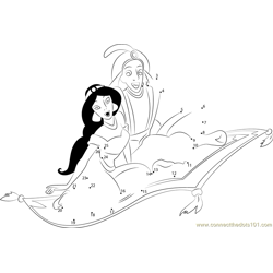 Aladdin and Jasmine on carpet Dot to Dot Worksheet