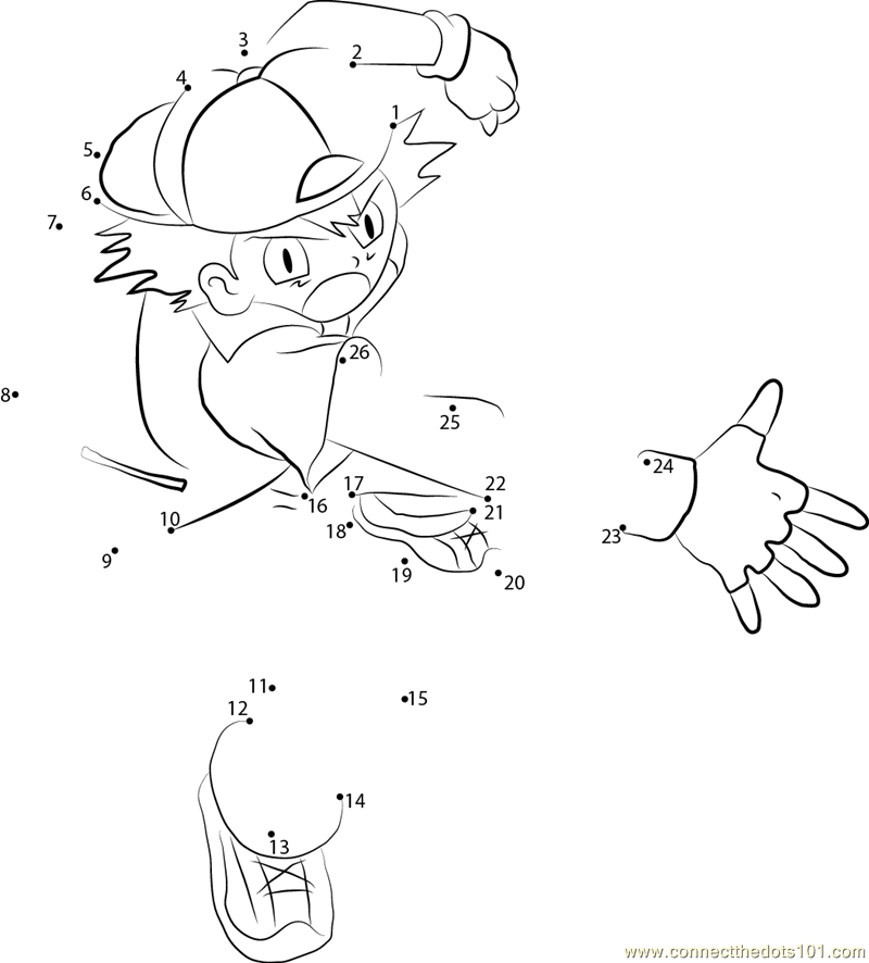 Ash throwing a Pokéball dot to dot printable worksheet Connect The Dots