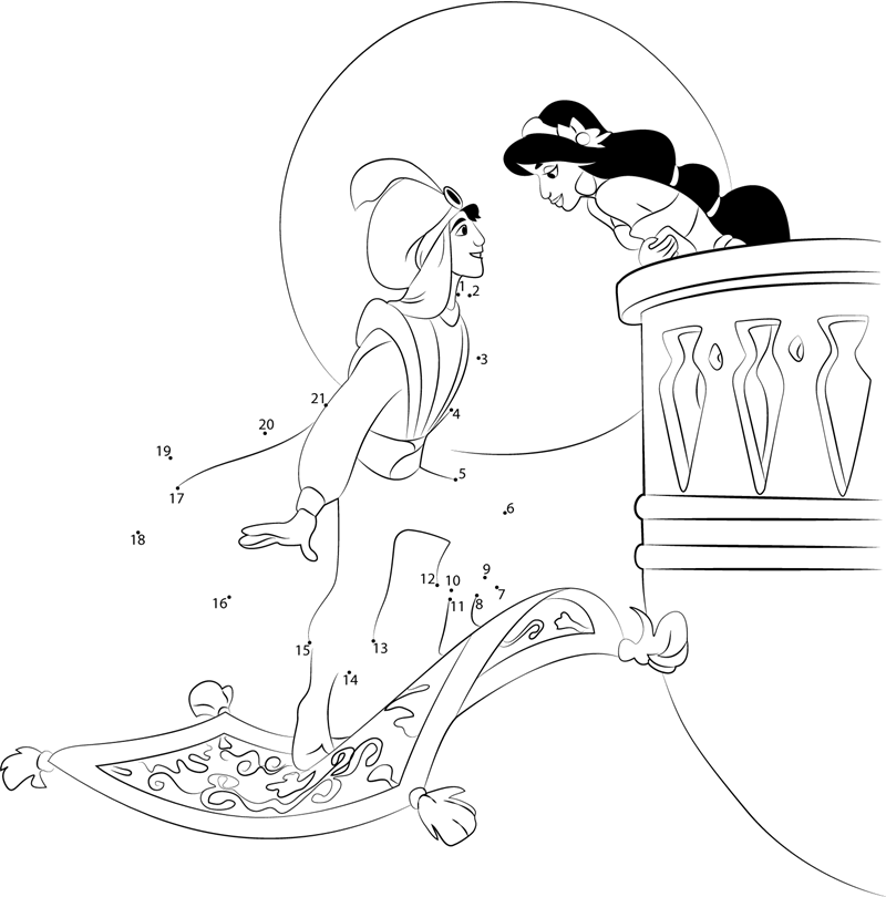 Aladdin and Jasmine Balcony dot to dot printable worksheet - Connect
