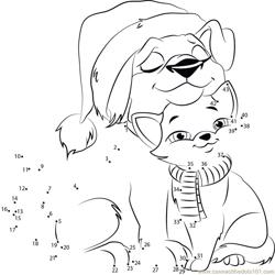Cat and Dog celebrating Christmas Dot to Dot Worksheet