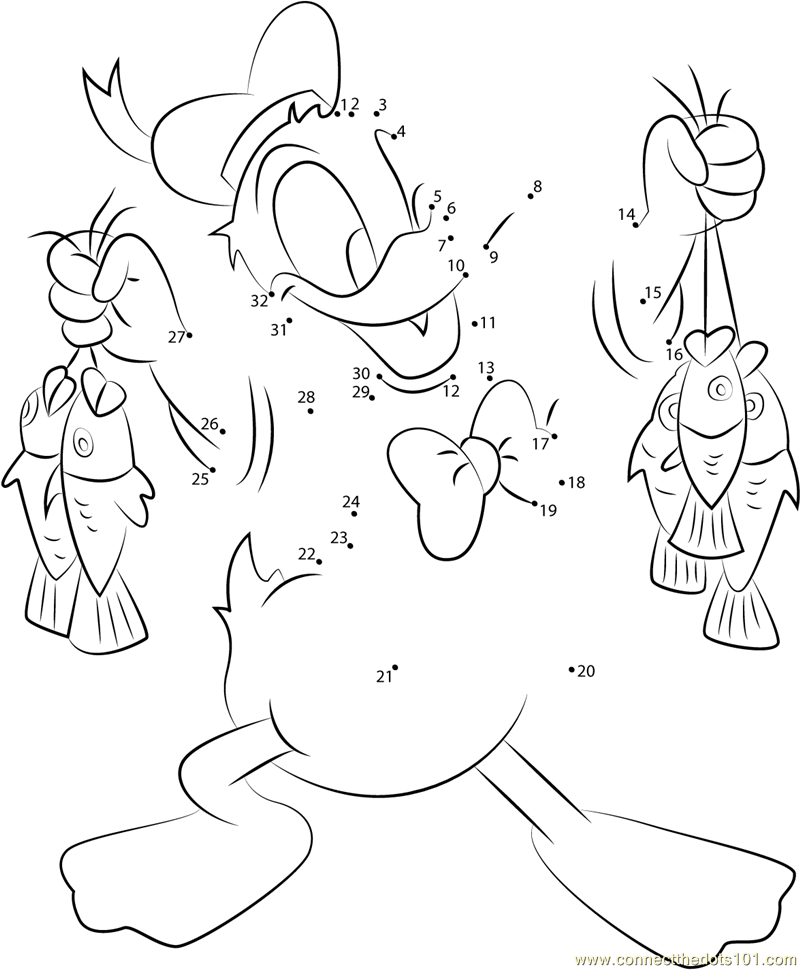Donald Duck having Fish dot to dot printable worksheet Connect The Dots