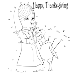 Girl with Turkey Thanksgiving Day Dot to Dot Worksheet